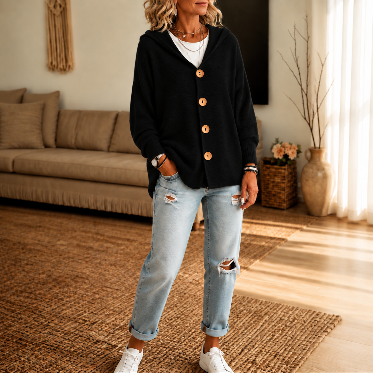 Black hooded cardigan with wooden buttons and ribbed cuffs