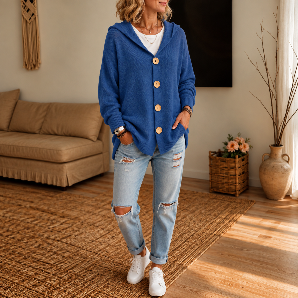 Blue hooded cardigan with wooden buttons and ribbed cuffs