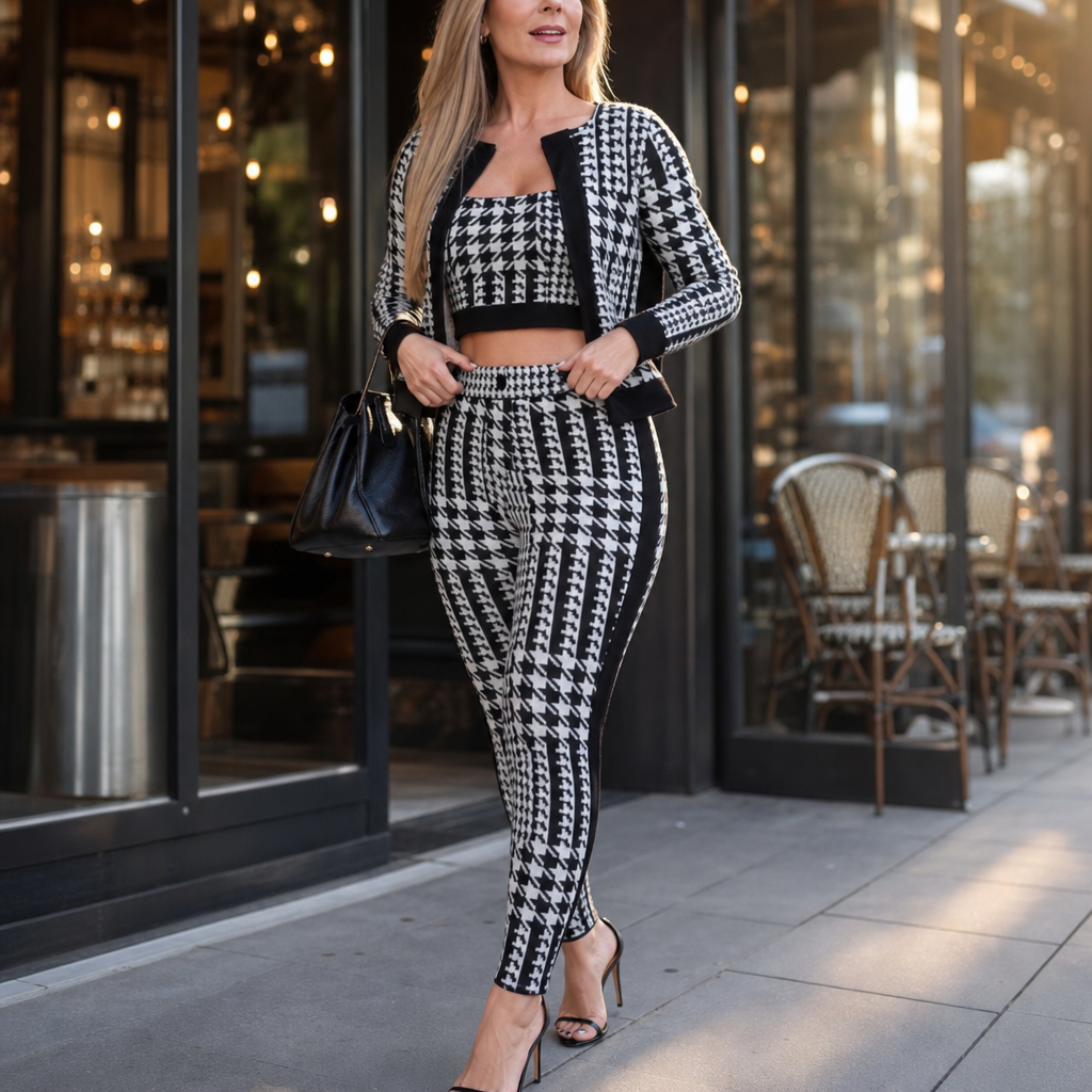Black-and-white houndstooth three-piece sweater set with cardigan, crop top, and pants