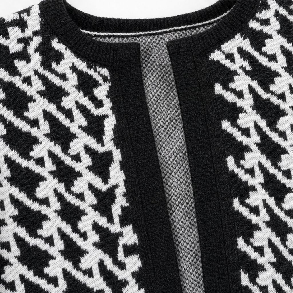 Houndstooth knit panel with black trim and ribbed neckline detail
