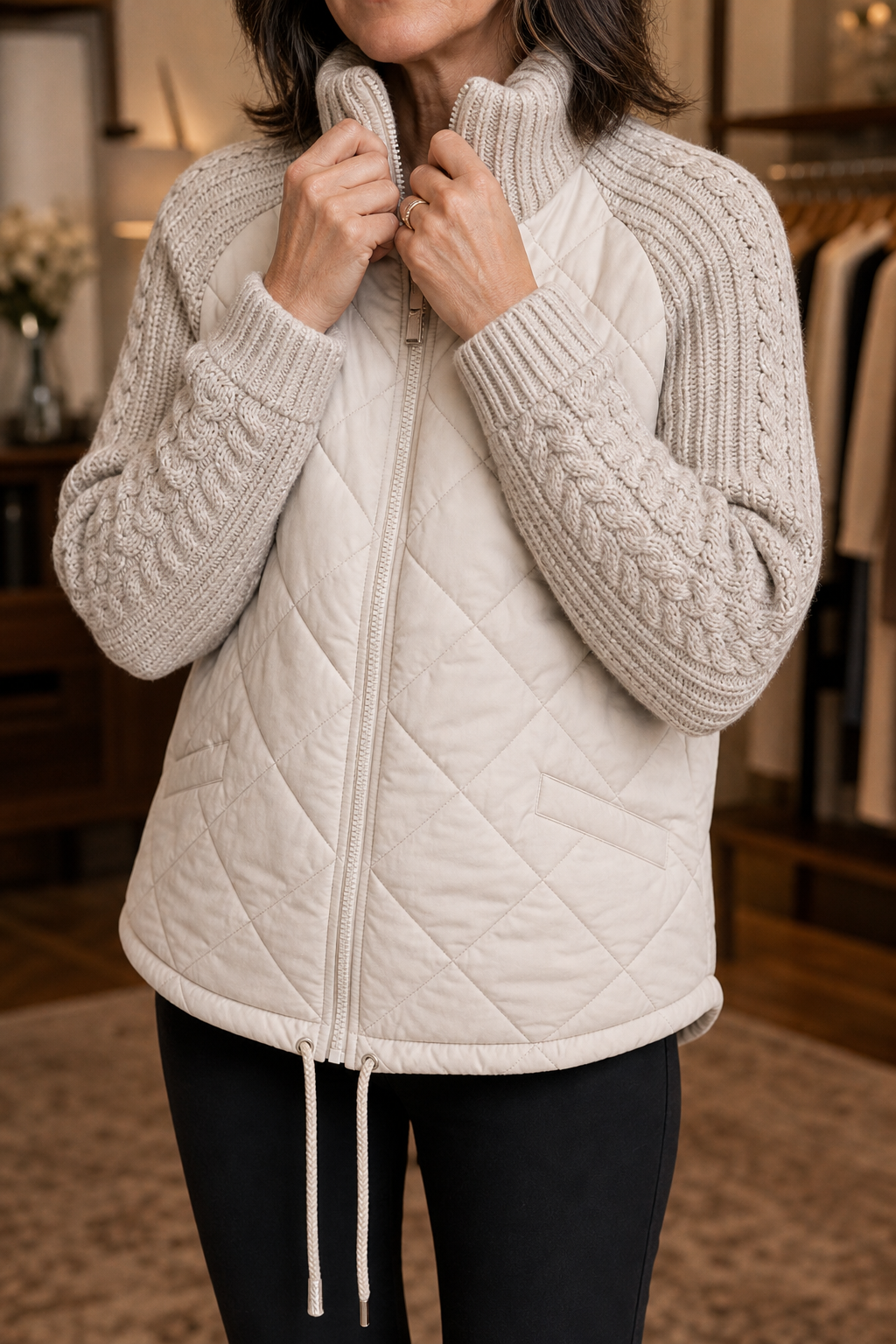 Knit-Panel Quilted Patchwork Puffer Jacket
