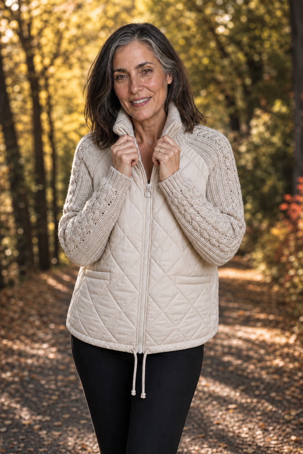 Knit-Panel Quilted Patchwork Puffer Jacket