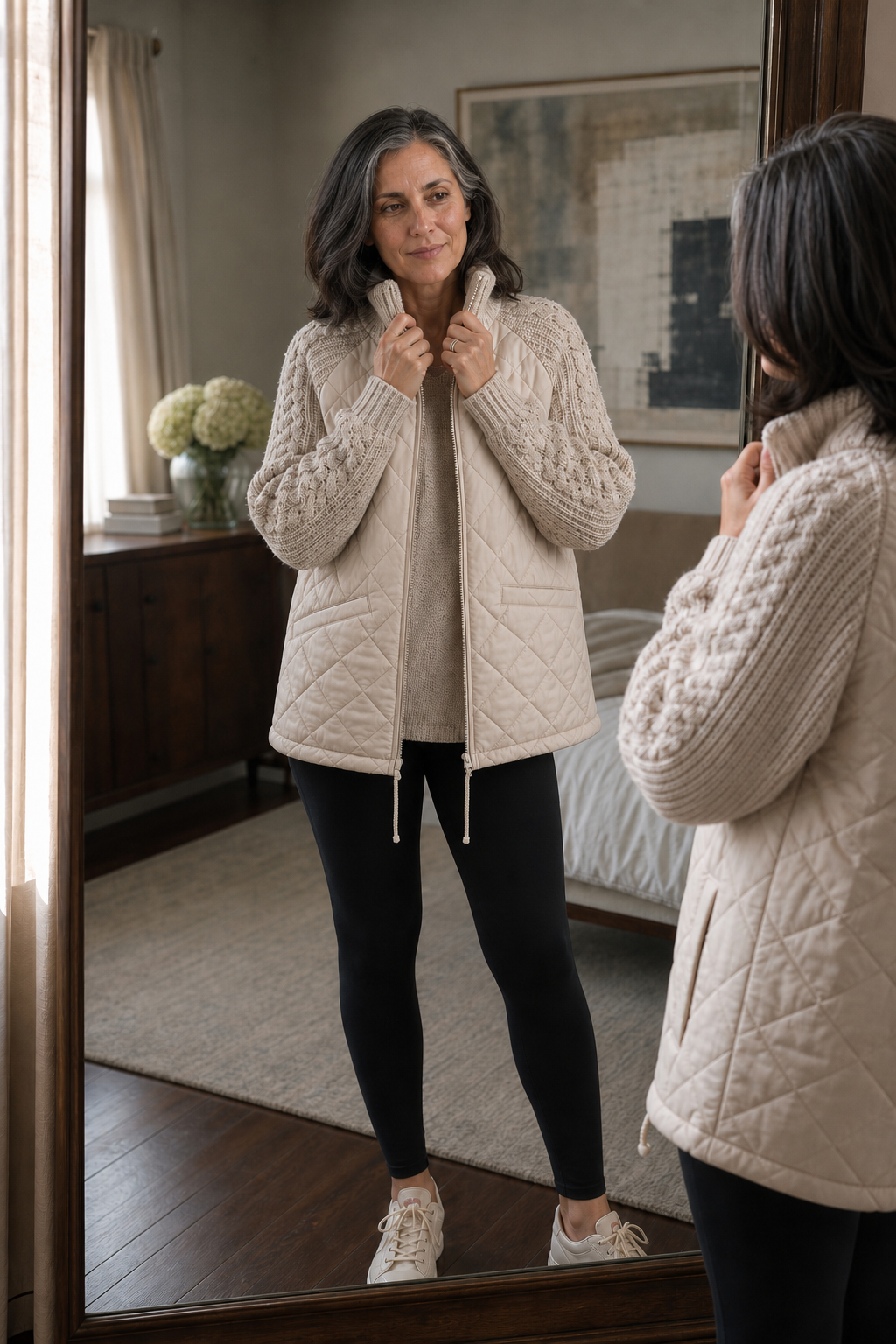 Knit-Panel Quilted Patchwork Puffer Jacket