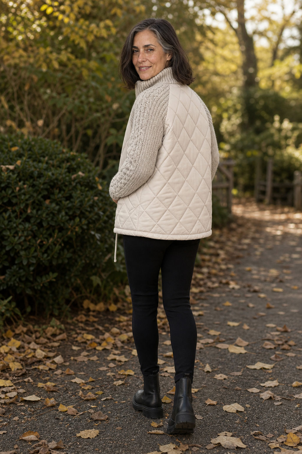 Knit-Panel Quilted Patchwork Puffer Jacket