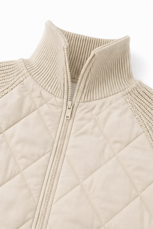 Knit-Panel Quilted Patchwork Puffer Jacket