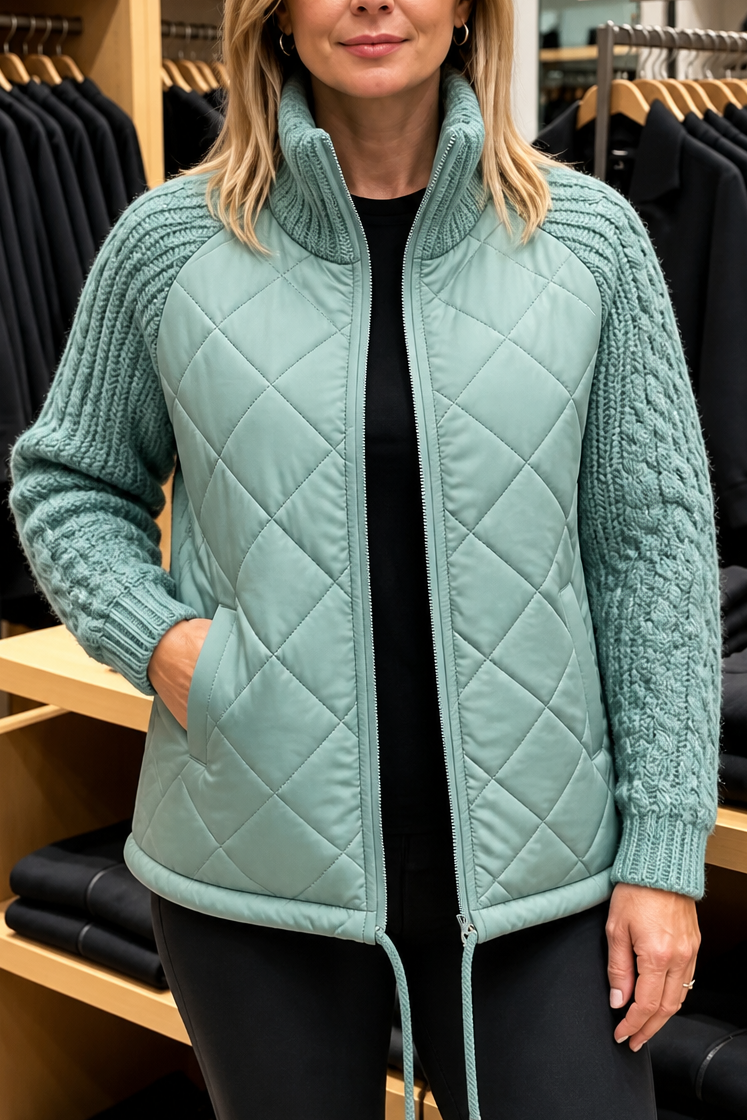 Knit-Panel Quilted Patchwork Puffer Jacket