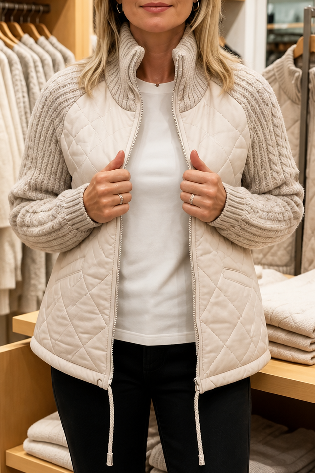 Knit-Panel Quilted Patchwork Puffer Jacket