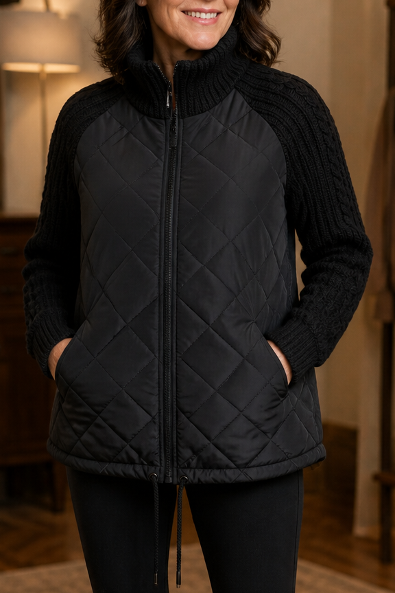 Knit-Panel Quilted Patchwork Puffer Jacket