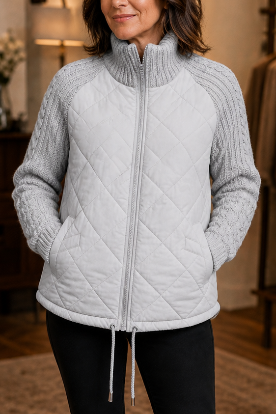 Knit-Panel Quilted Patchwork Puffer Jacket
