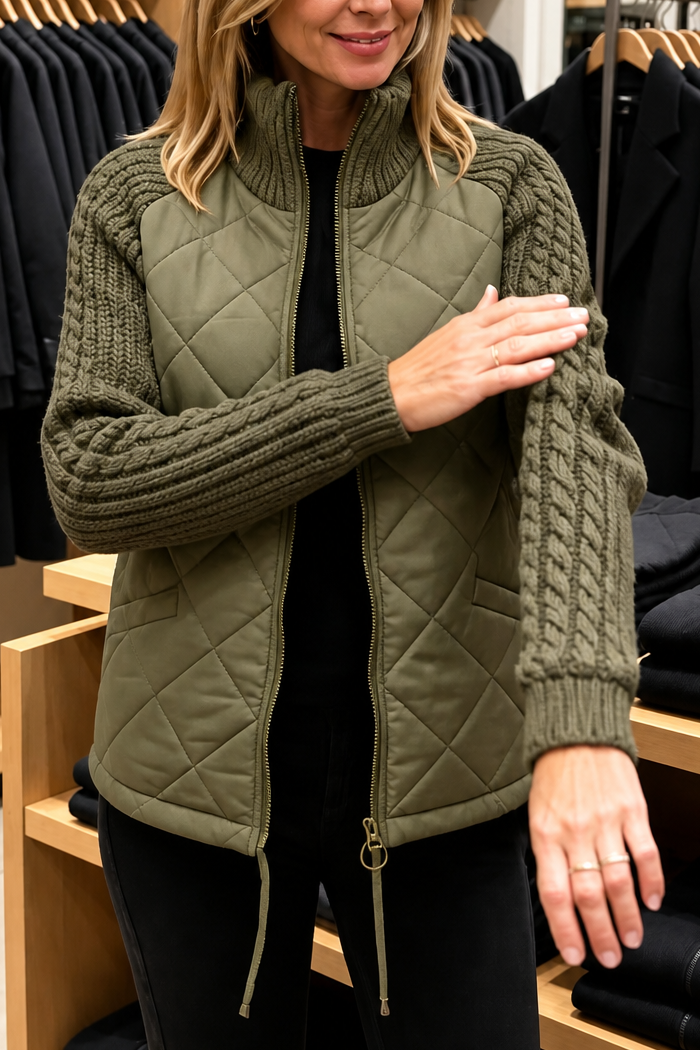 Knit-Panel Quilted Patchwork Puffer Jacket