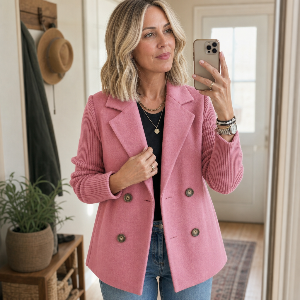 Knit-Sleeve Double-Breasted Blazer