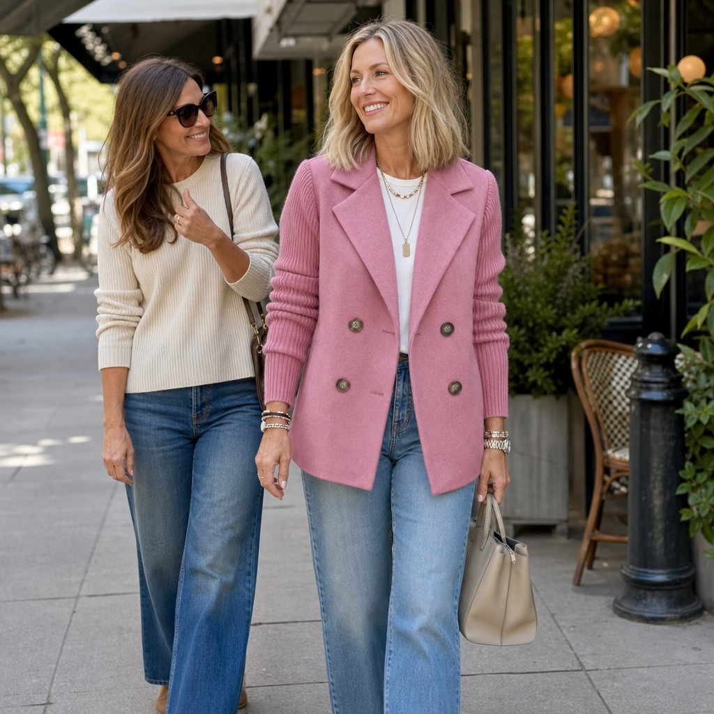 Knit-Sleeve Double-Breasted Blazer