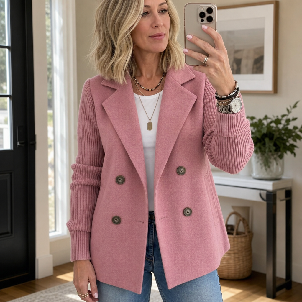 Knit-Sleeve Double-Breasted Blazer