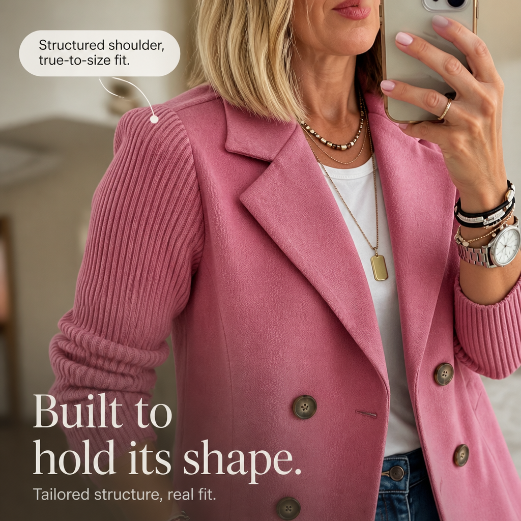 Knit-Sleeve Double-Breasted Blazer