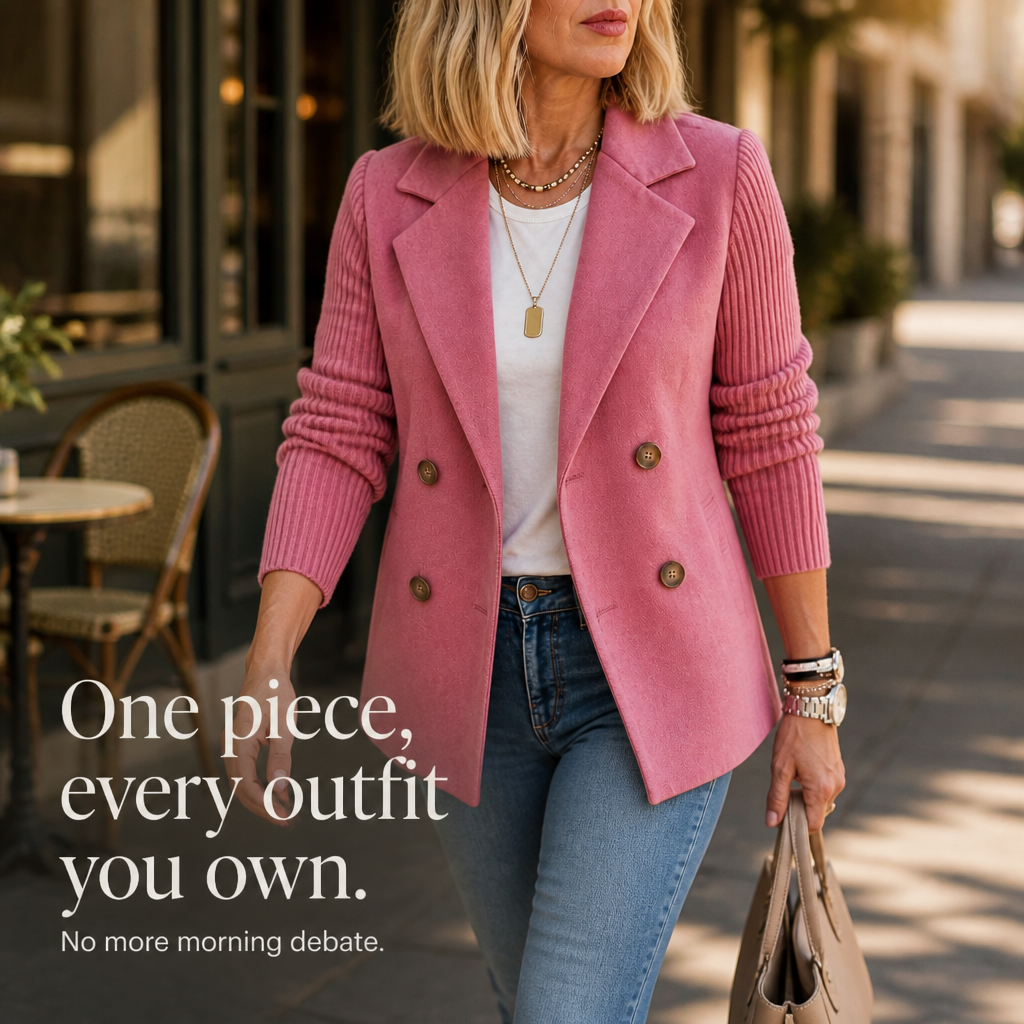 Knit-Sleeve Double-Breasted Blazer