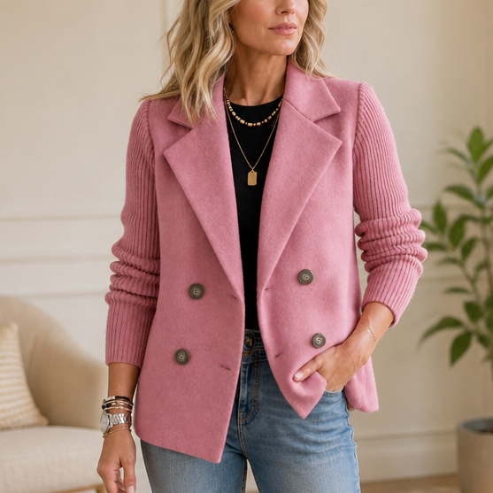 Knit-Sleeve Double-Breasted Blazer