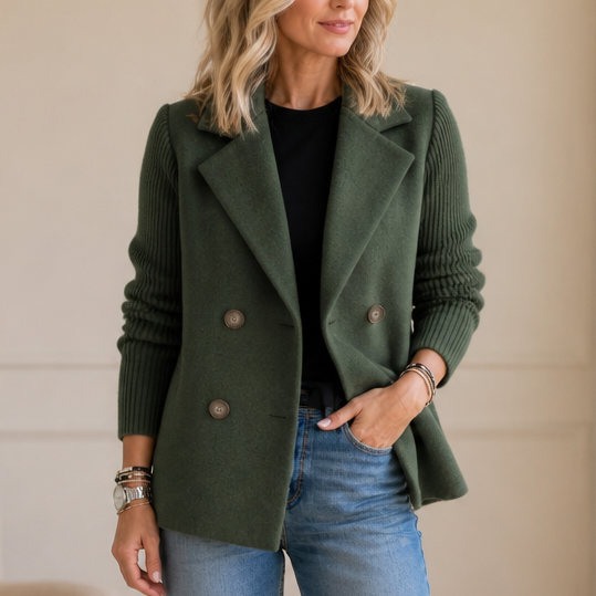 Knit-Sleeve Double-Breasted Blazer