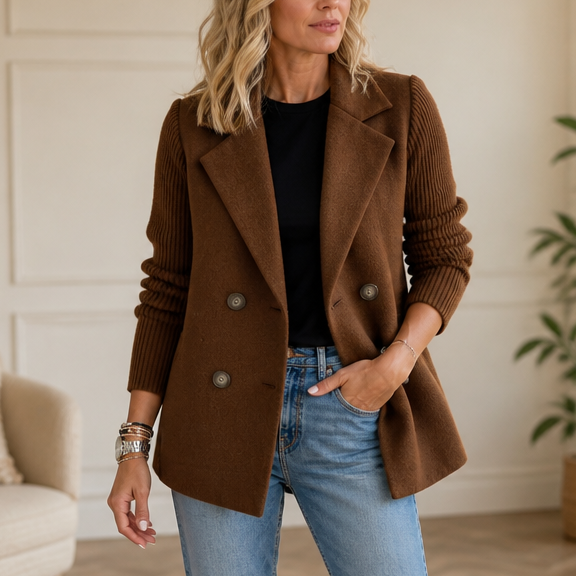 Knit-Sleeve Double-Breasted Blazer