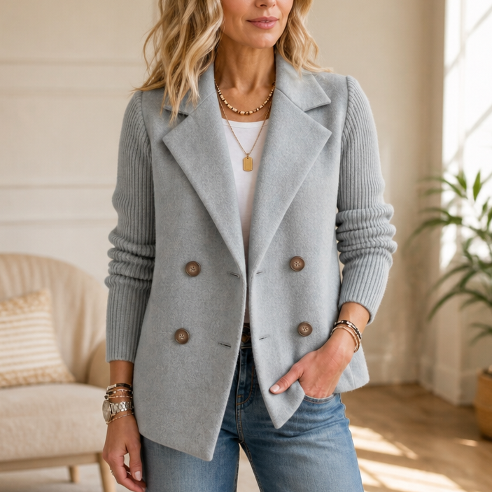 Knit-Sleeve Double-Breasted Blazer