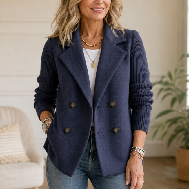 Knit-Sleeve Double-Breasted Blazer