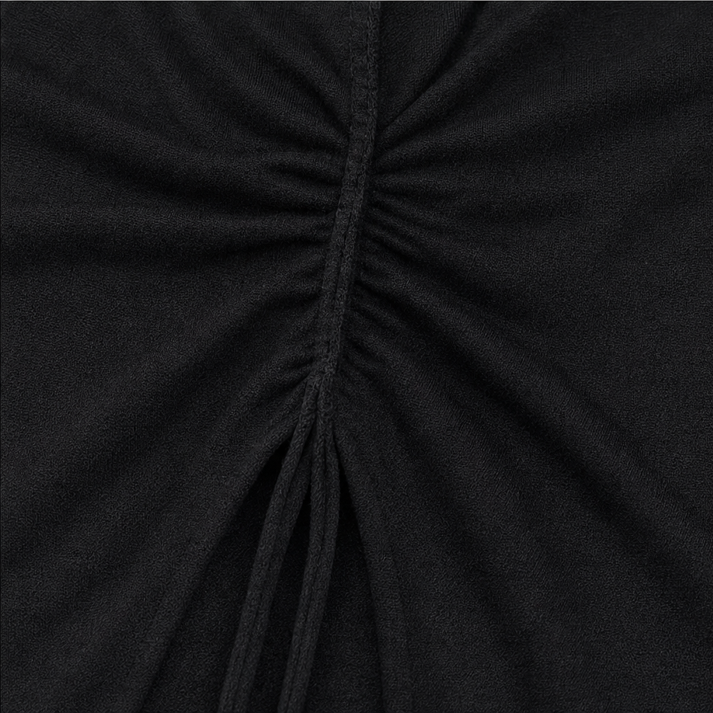 Knotted V-neck knit top front knot detail with gathered seams