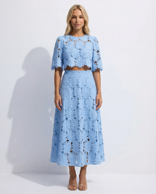 Blue lace crop top and maxi skirt set with floral embroidery, scalloped edges