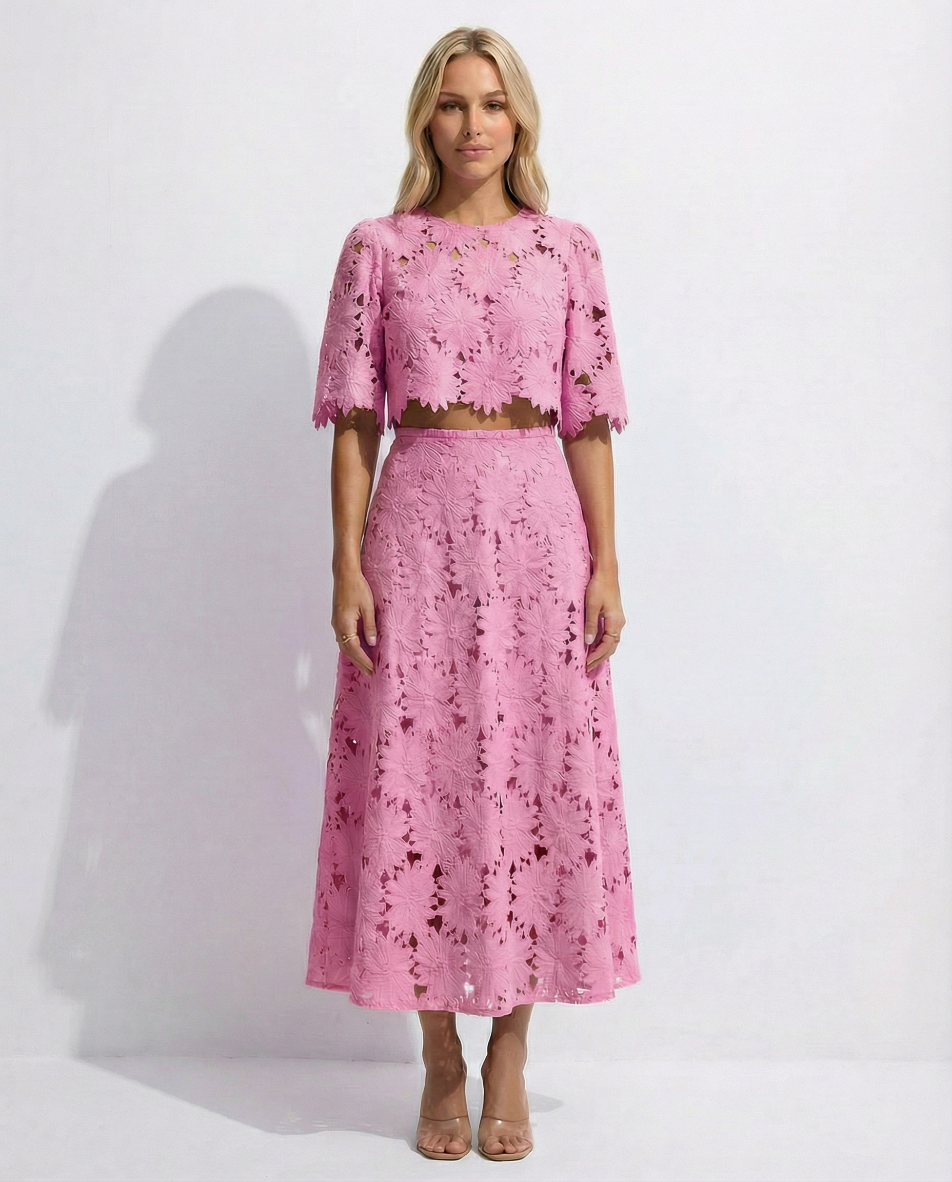 Pink lace crop top and maxi skirt set with floral embroidery, scalloped hem