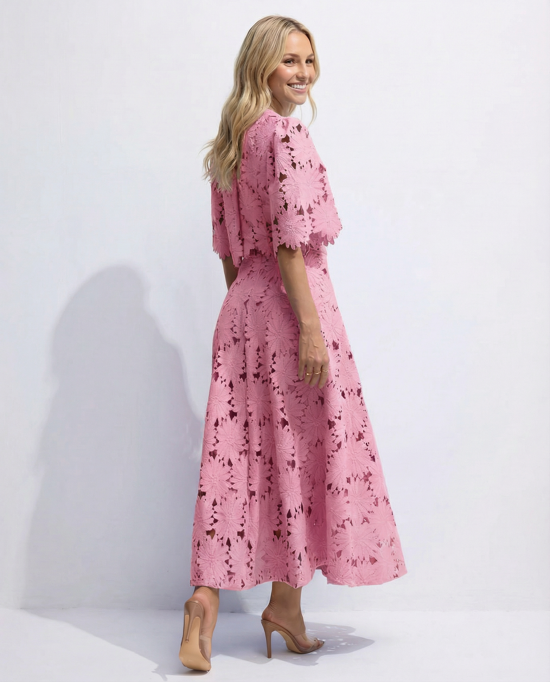 Pink lace crop top and maxi skirt set with floral embroidery, side view