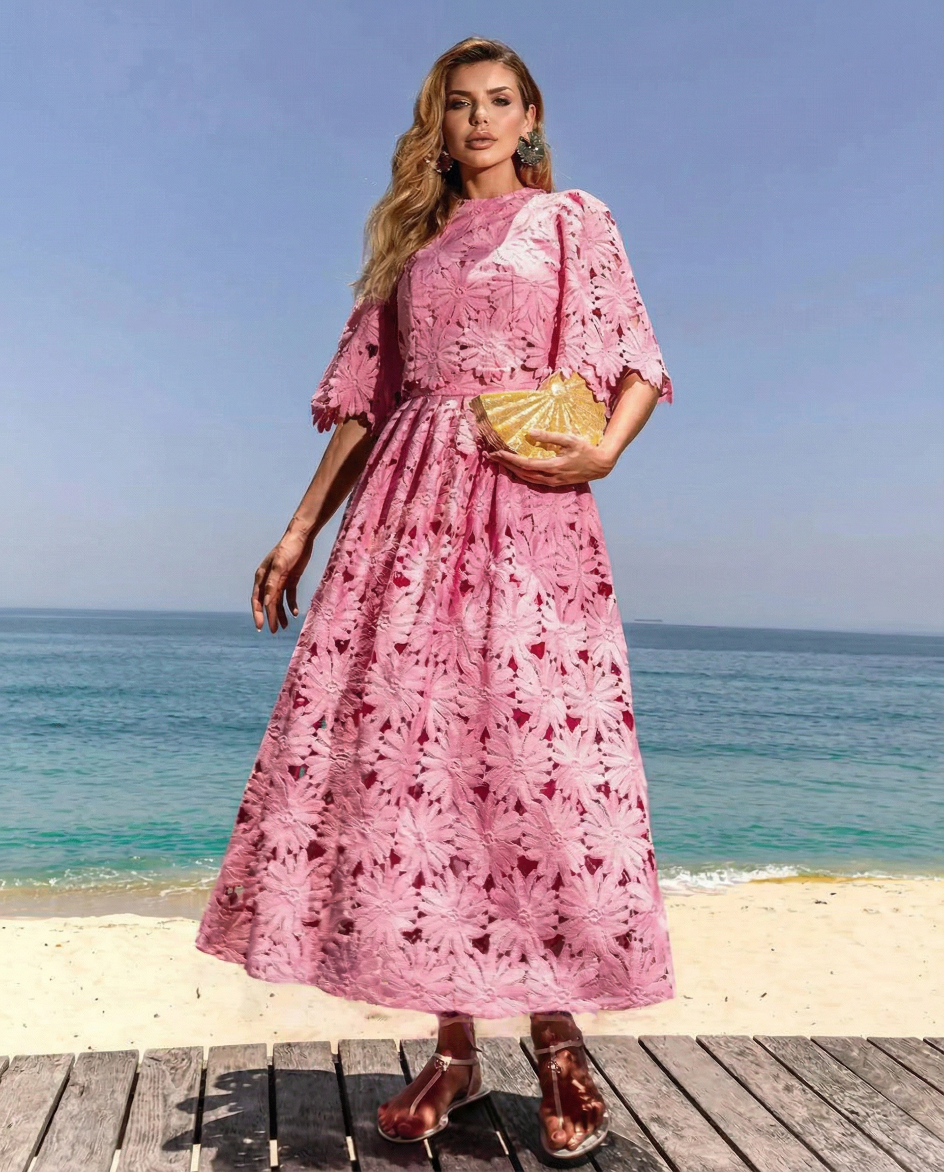 Pink lace crop top and maxi skirt set with floral embroidery, puff sleeves