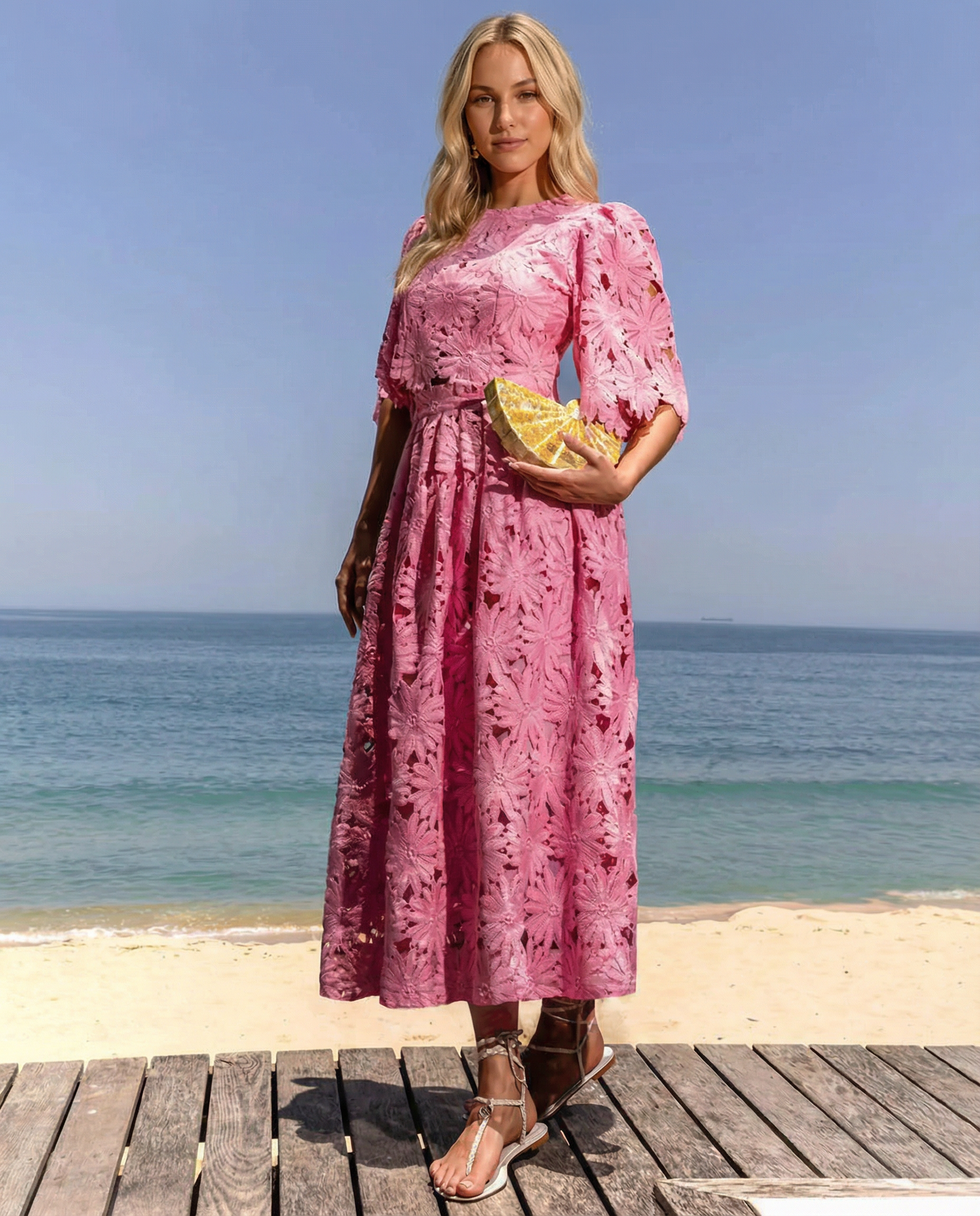 Pink lace crop top and maxi skirt set with floral embroidery, gathered waist