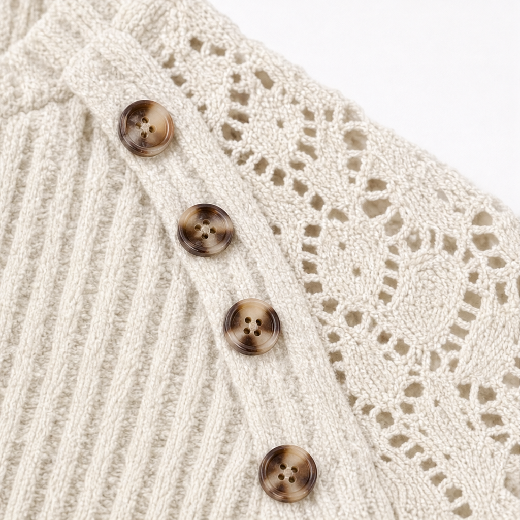Close-up of lace shoulder and round button placket on ribbed cream long-sleeve top.