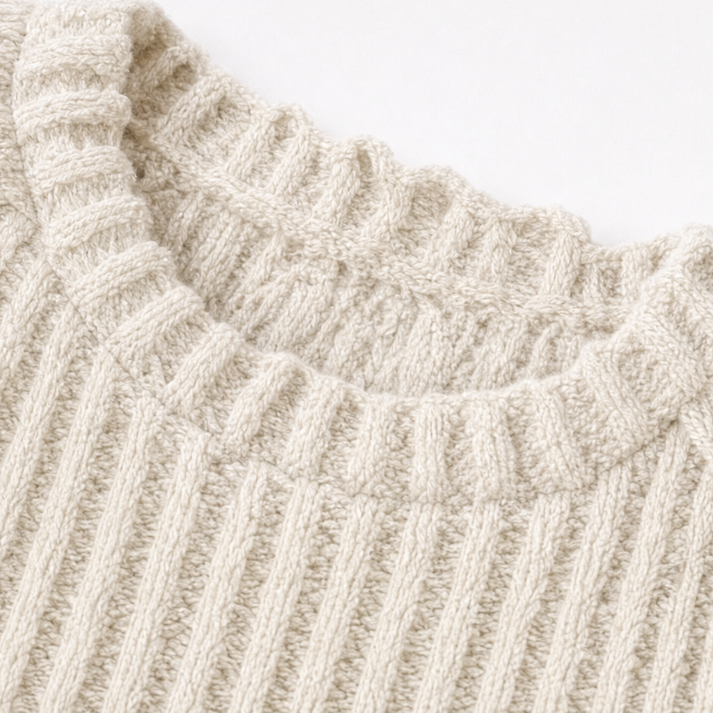 Close-up of cream rib knit crew neckline and long-sleeve texture on the top.
