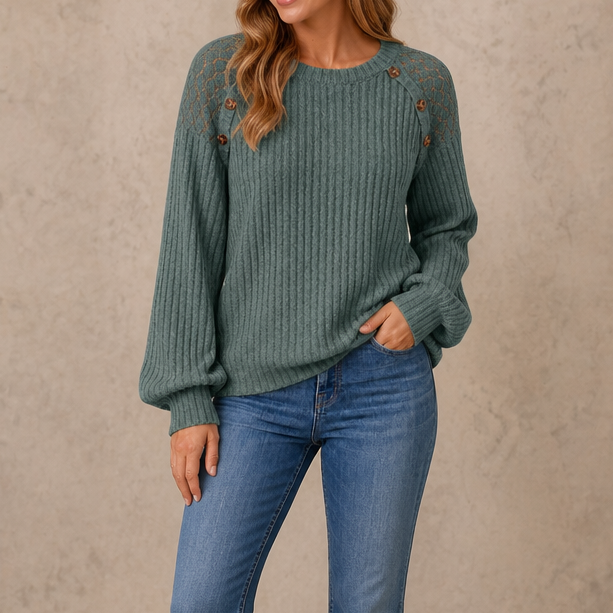 Teal ribbed long-sleeve top with lace shoulder panels and small button details