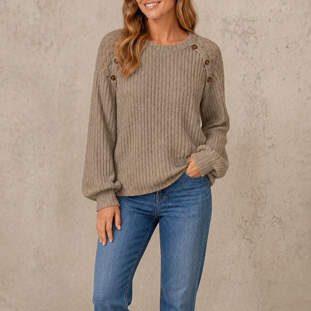 Taupe ribbed long-sleeve top with lace shoulder panels and button accents
