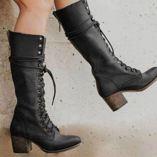 Lace-Up Block Heel Knee-High Boots