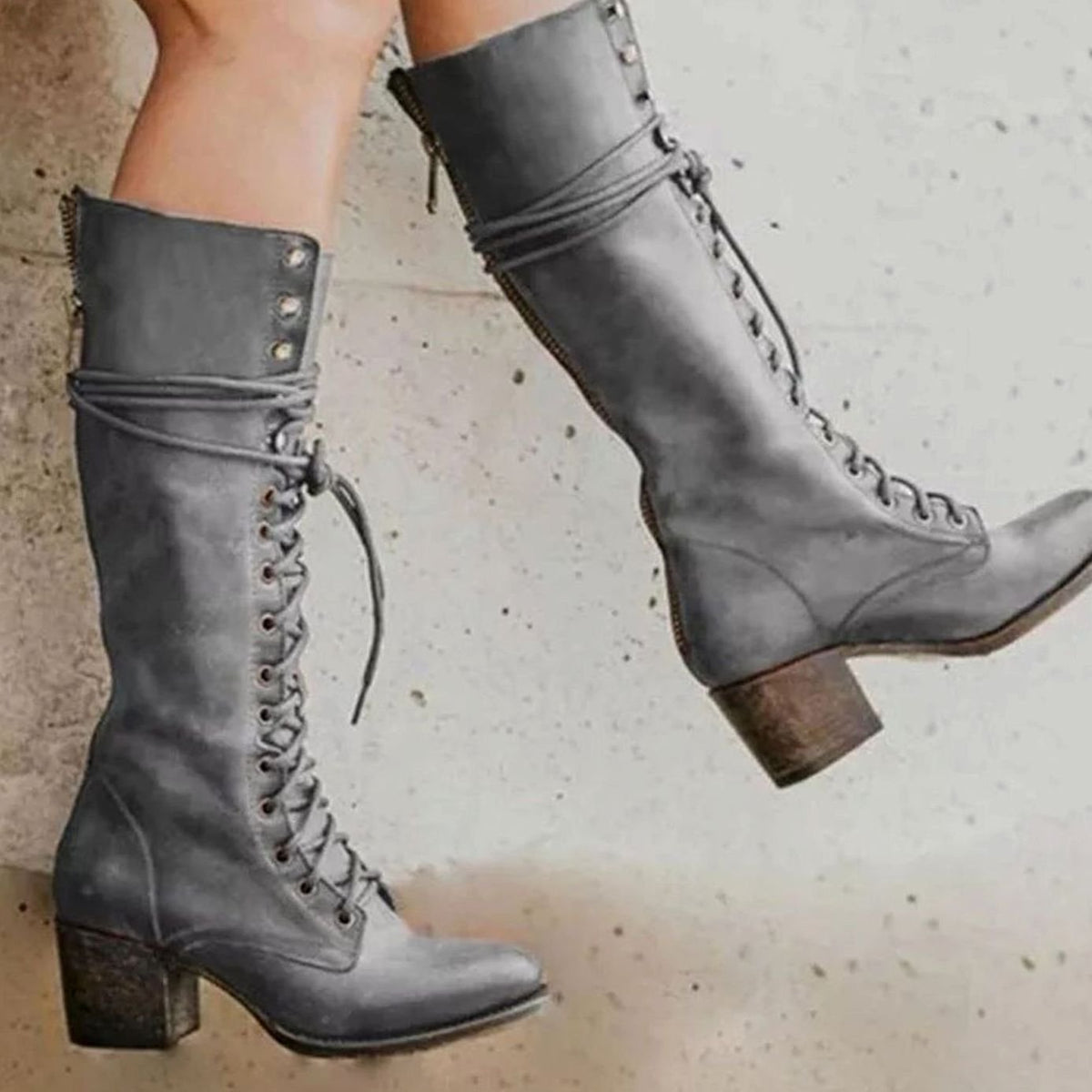 Lace-Up Block Heel Knee-High Boots
