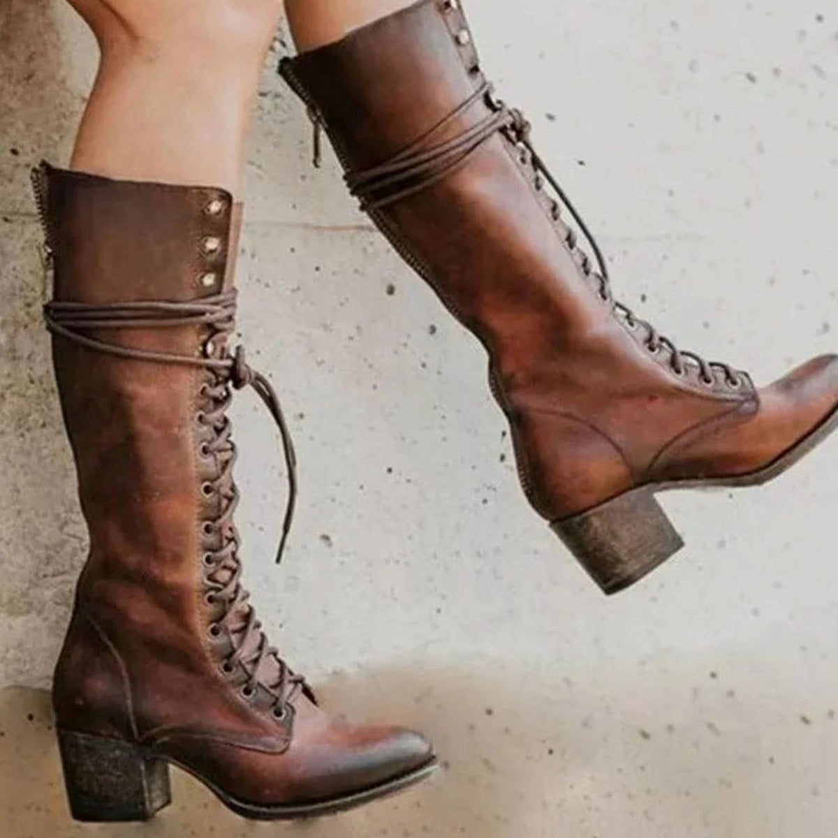 Lace-Up Block Heel Knee-High Boots