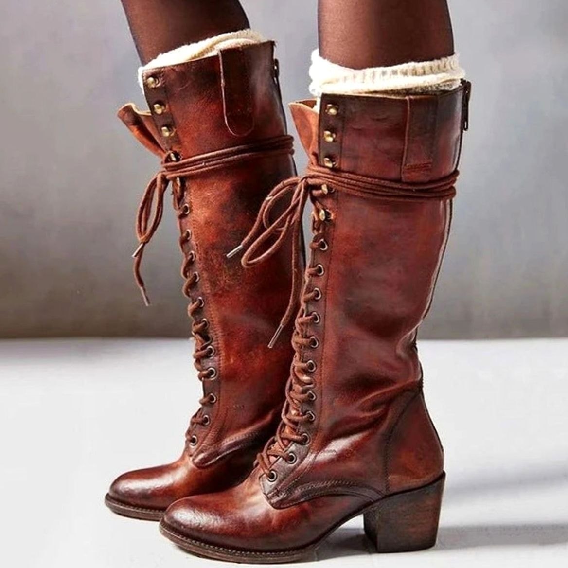 Lace-Up Block Heel Knee-High Boots