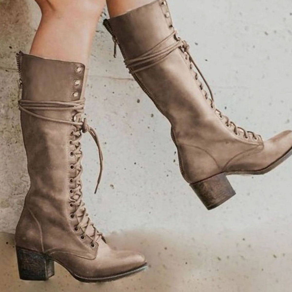 Lace-Up Block Heel Knee-High Boots