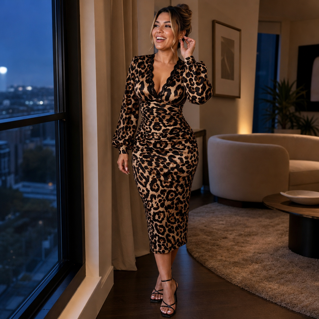 Leopard print ruched midi dress with V-neck lace trim and long puff sleeves