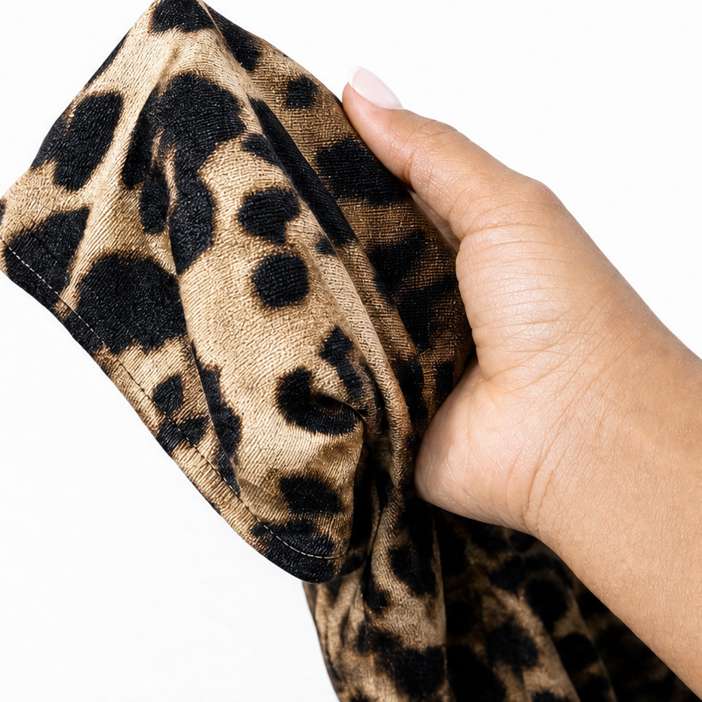 Leopard print fabric swatch in beige and black, soft drape