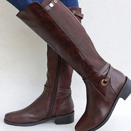 Brown leather knee-high boots with block heel, side elastic panel and buckle strap