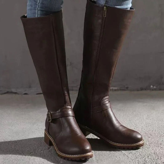Dark brown leather knee-high boots with side zipper and block heel