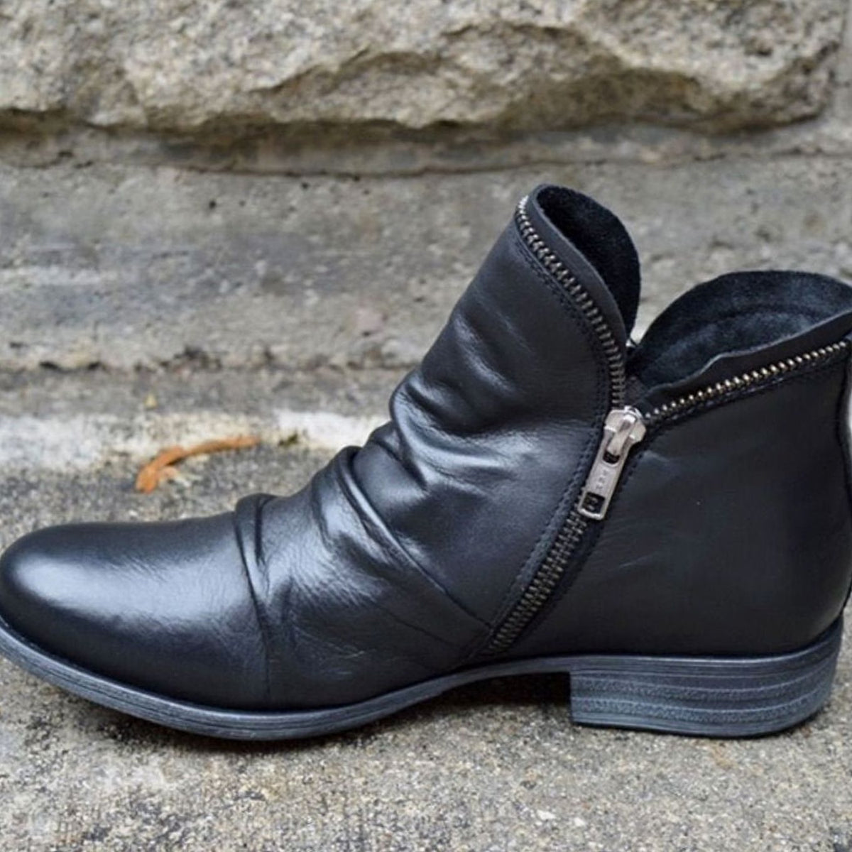 Leather Ruched Low-Heel Ankle Boots