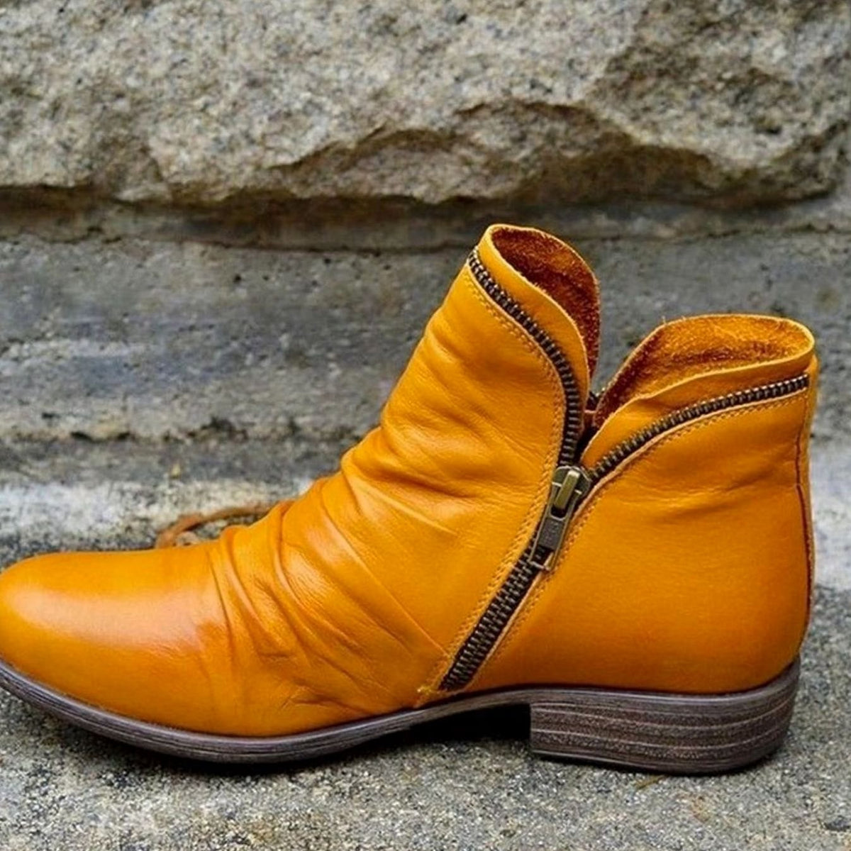 Leather Ruched Low-Heel Ankle Boots