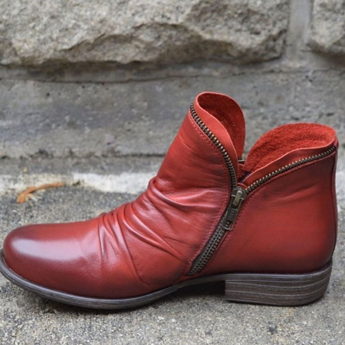 Leather Ruched Low-Heel Ankle Boots