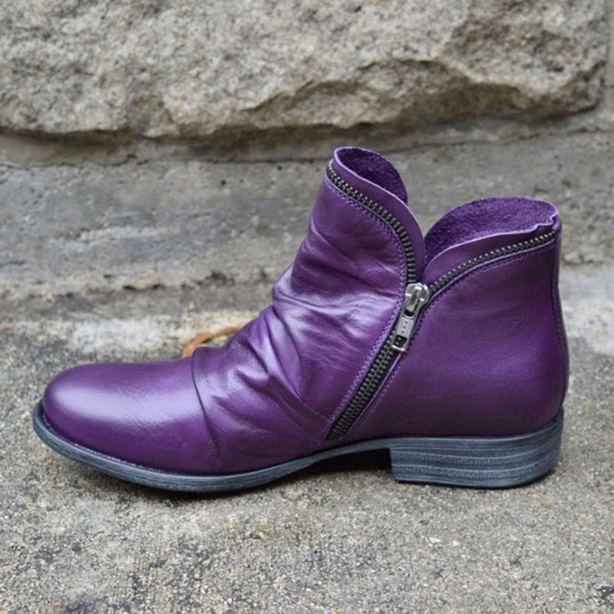Leather Ruched Low-Heel Ankle Boots