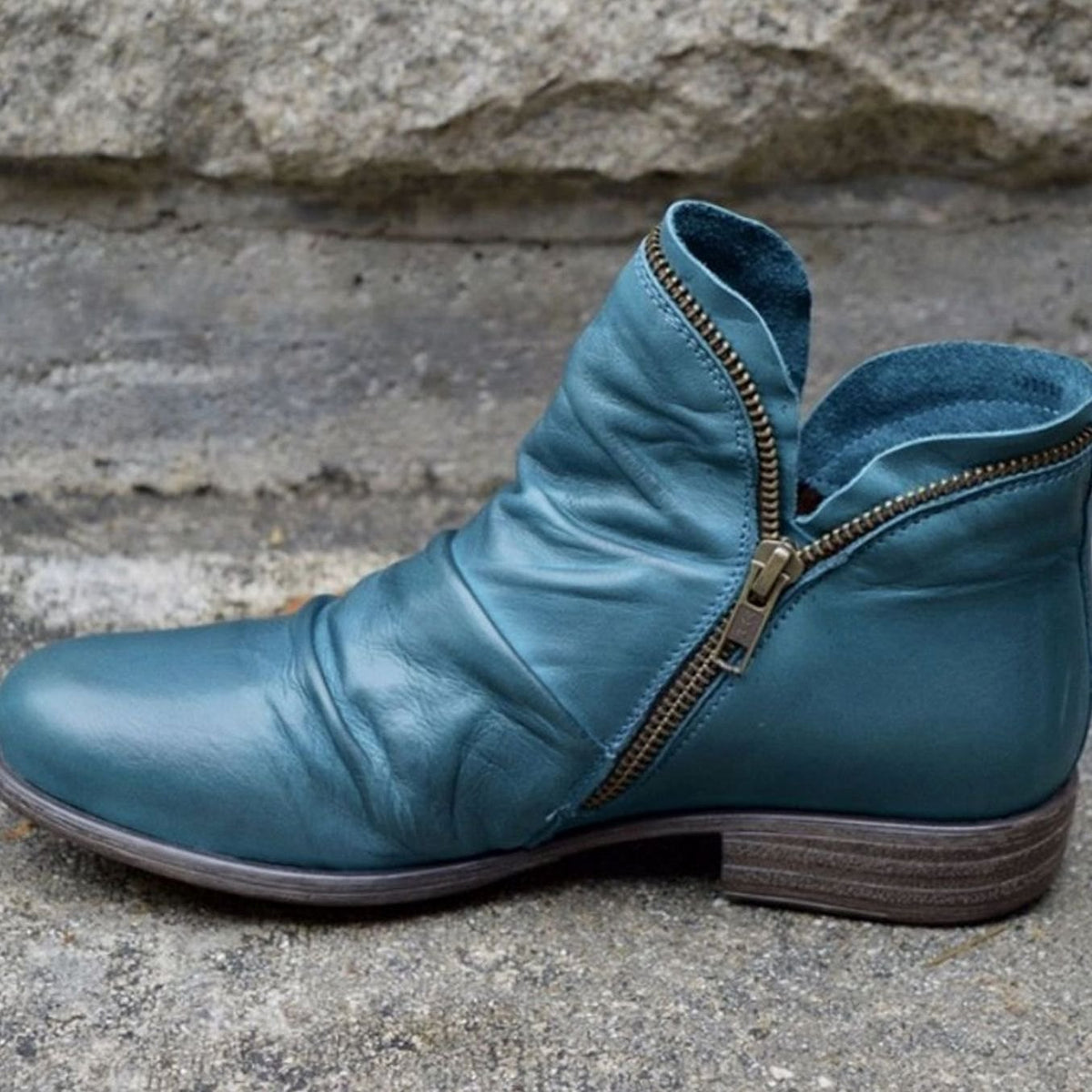 Leather Ruched Low-Heel Ankle Boots