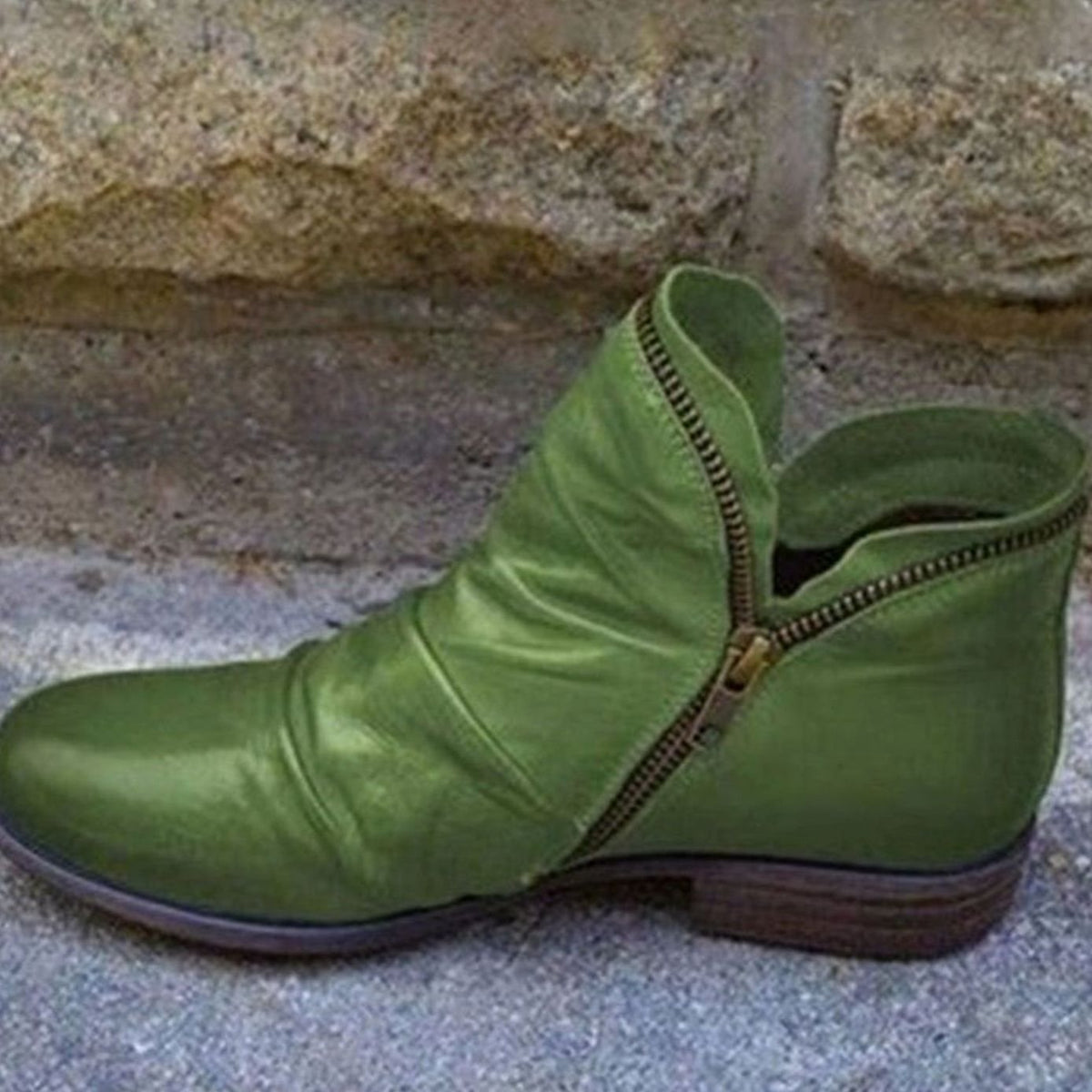 Leather Ruched Low-Heel Ankle Boots