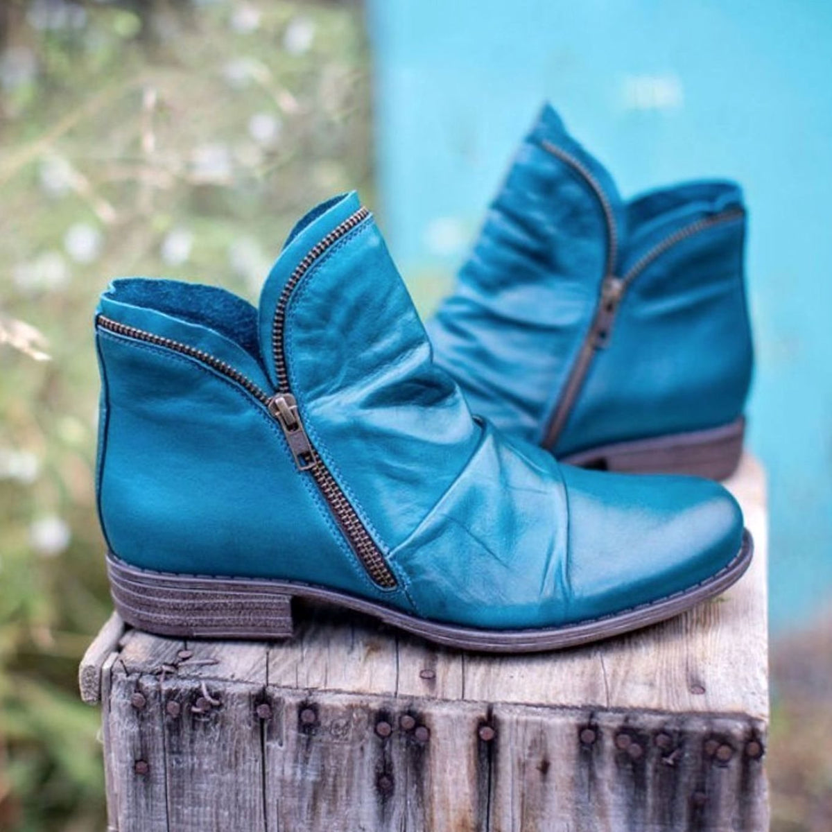 Leather Ruched Low-Heel Ankle Boots